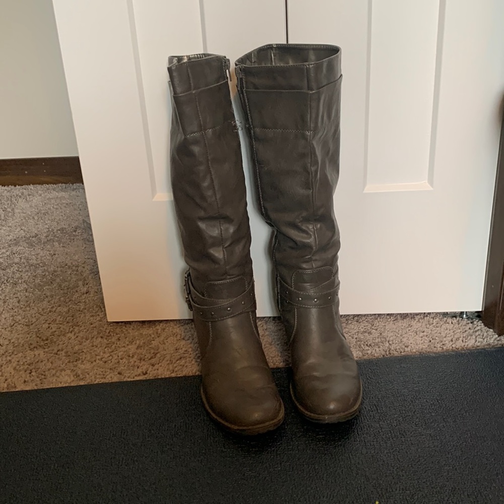 Grey knee high boots
